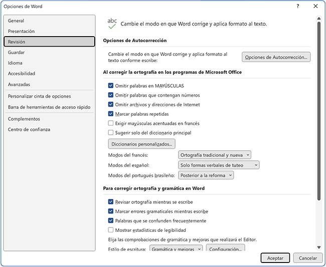 Opción de corrección automática Word