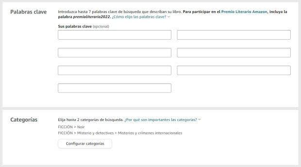Captura del formulario de KDP mostrando el selector de categorías y los siete campos de palabras clave.